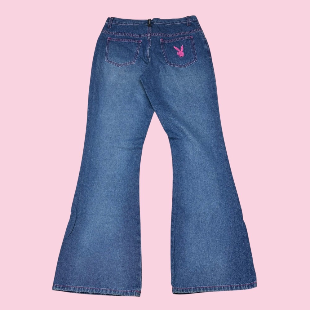 Playboy Women Pink Contrast Stitch Flare Leg Jeans Medium Wash Bunny Logo Sz 7